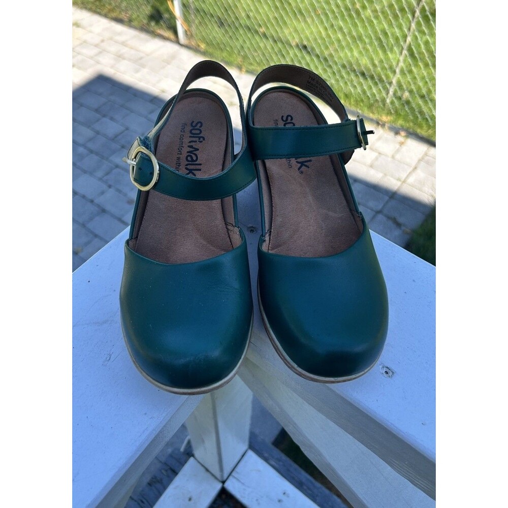 SoftWalk Women’s Green Leather Mary Jane Slingback Wedge Shoes Size 7M